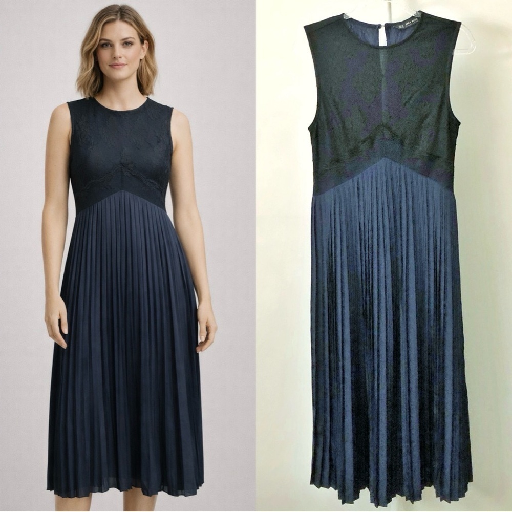 ZARA Pleated & Lace Romantic Elegant Navy Sleeveless Midi Dress. XS